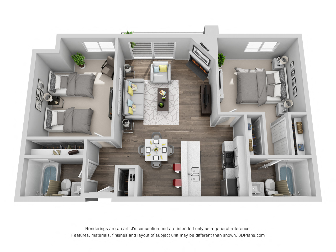 Floor plan for 2 beds, 2 baths, 1074 sqft